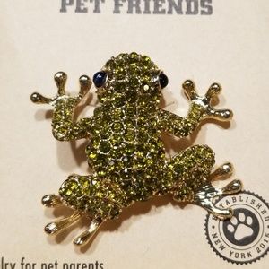 Pet Friends Gold Tone Green Crystal's Frog Brooch